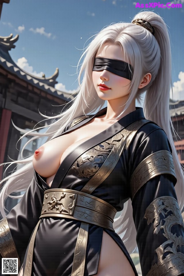 A woman with long white hair and blindfold, wearing an ornate black outfit with gold accents.