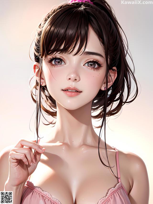 A girl in a pink bra with a pink bow on her head.