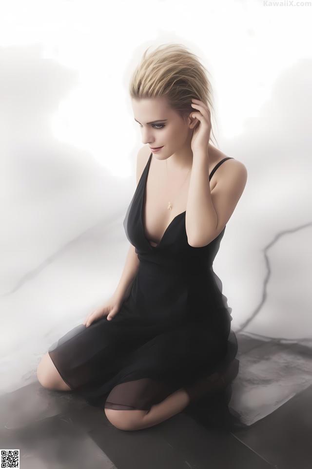 A woman in a black dress sitting on the floor.
