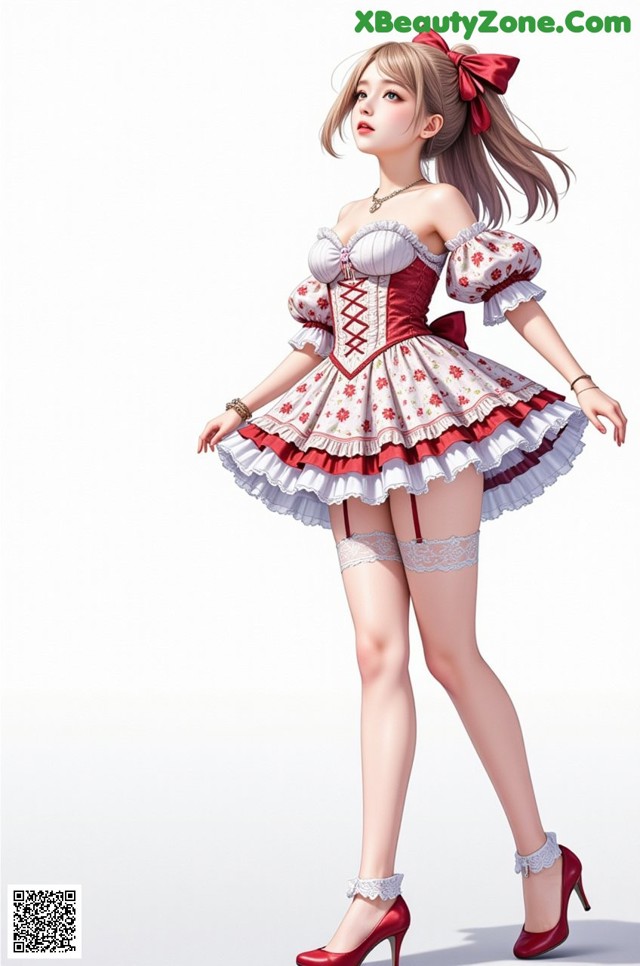 A woman in a red and white dress and stockings.