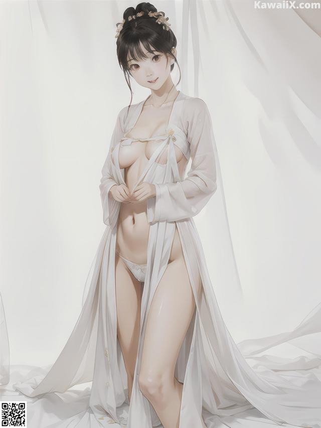 A woman in a white robe is posing for a picture.